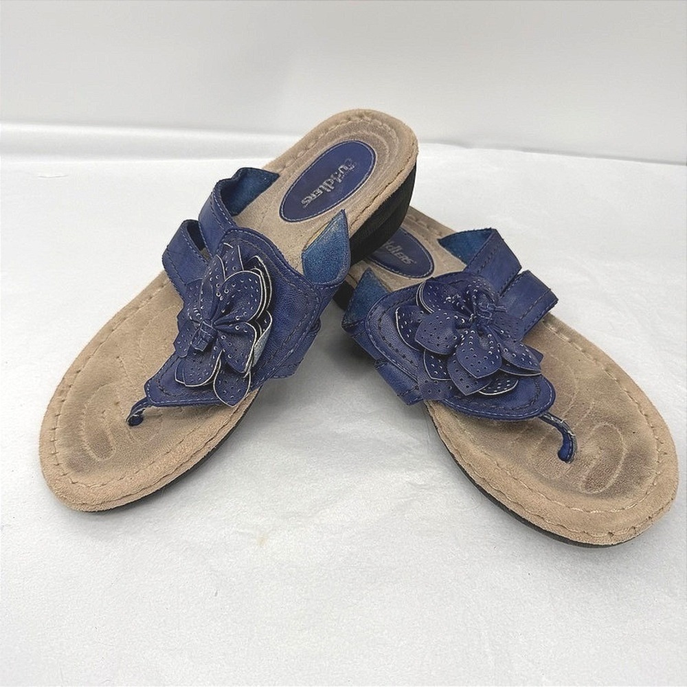 Cushion Cuddlers Sandals Blue Floral Wedge Thong Comfort Shoes 7.5 Wide